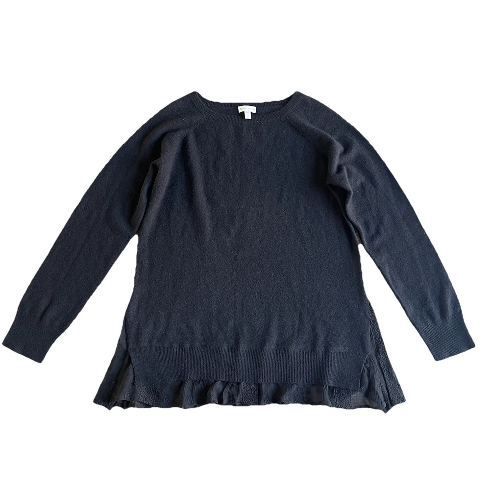 Garnet Hill Women's Shirttail Cashmere Tunic Sweater Medium Black Lace Trim